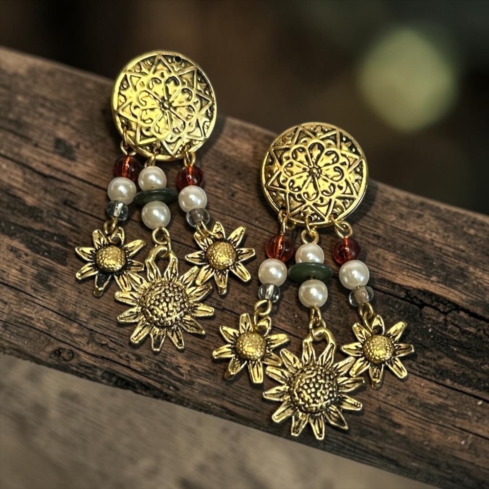 Boho Sunflower Dangle Earrings Gold Tone Beaded Floral Statement Earrings